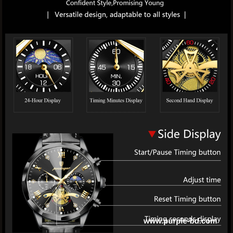 Poedagar-938 dark black chronograph watch