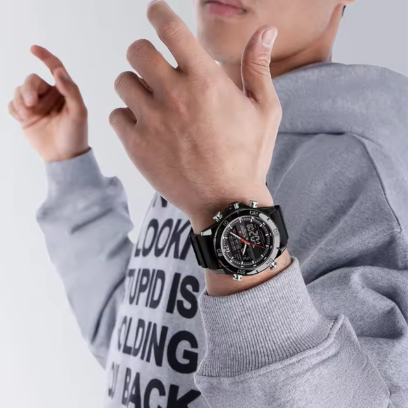 Naviforce-9253 black and silver sports watch