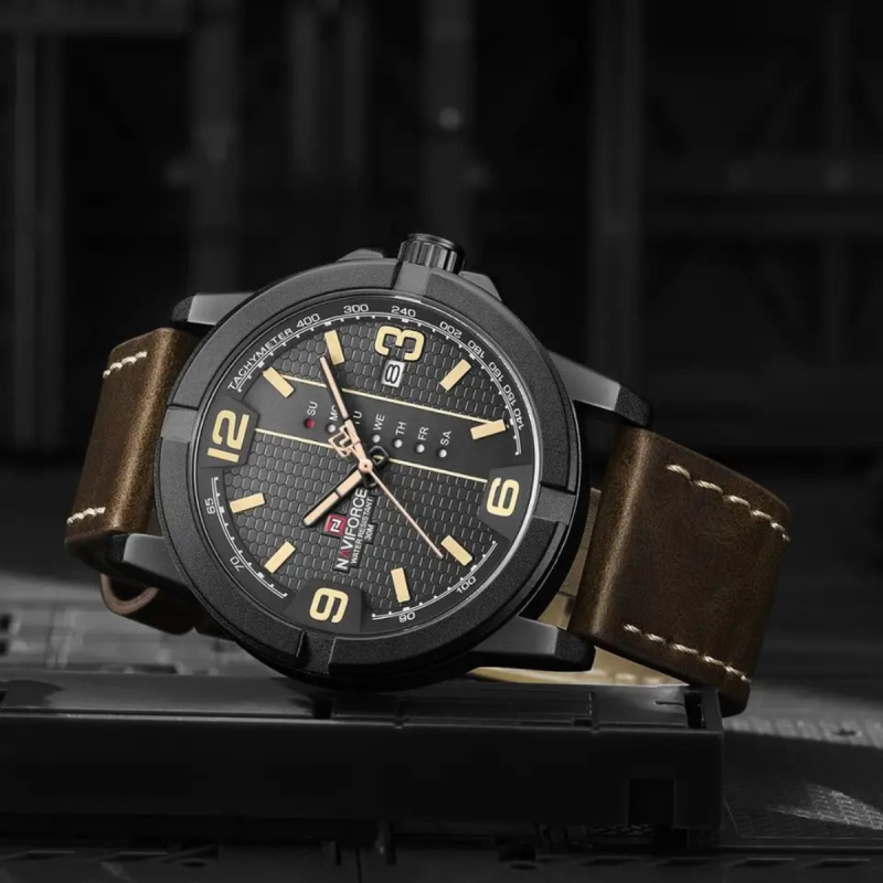 naviforce 9177 leather belt watch with full week display