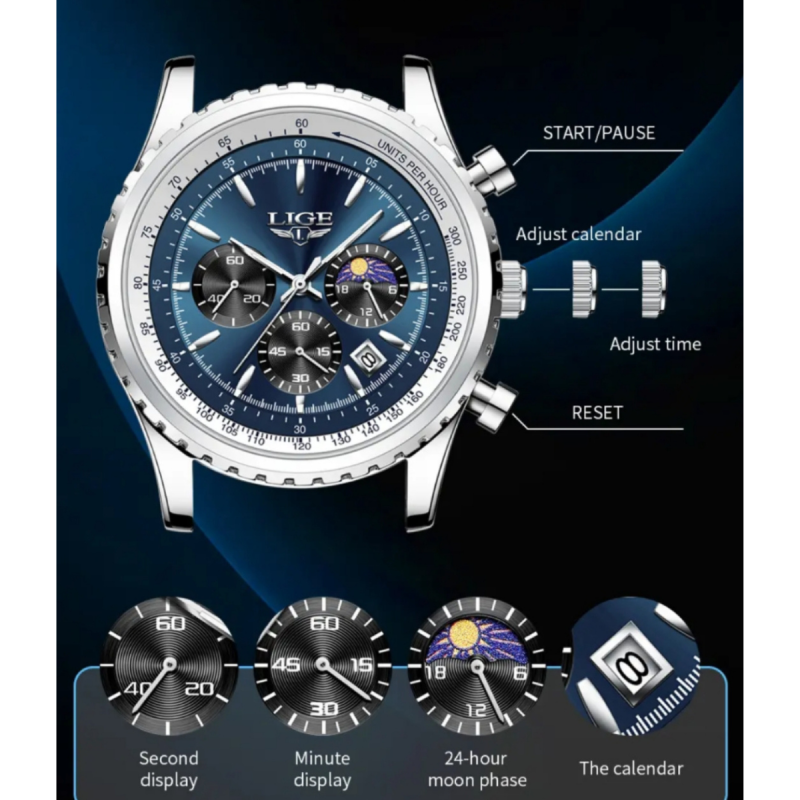 lige 8989 blue dial chronograph watch for men