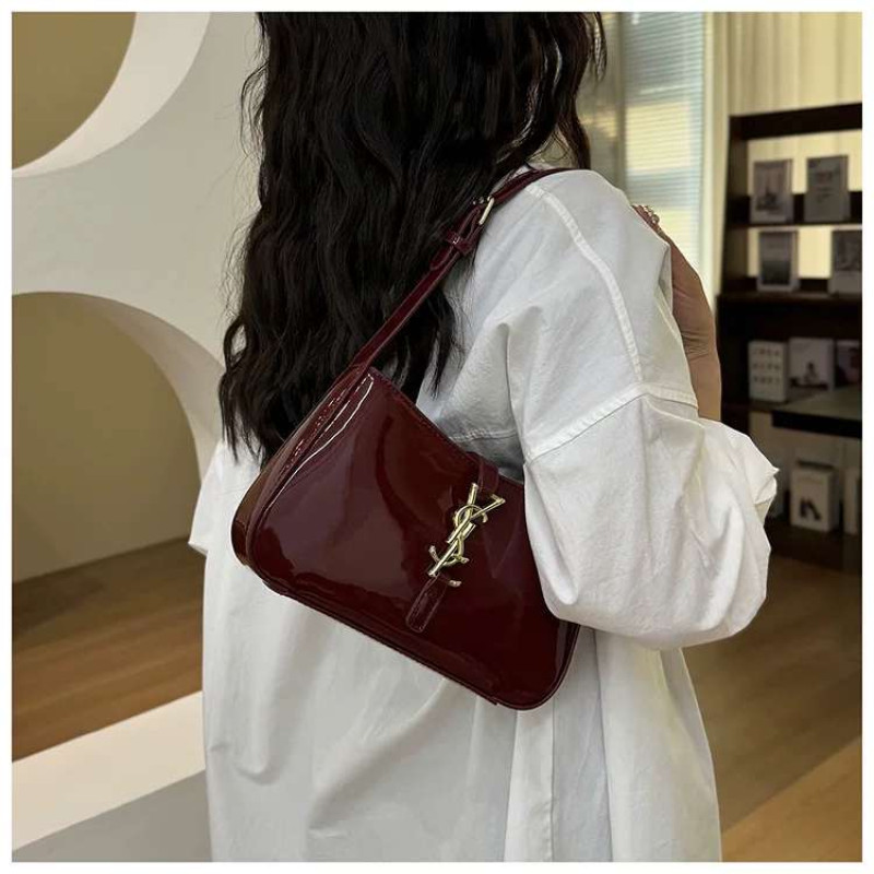 Red wine color glossy leather bag for ladies fashion