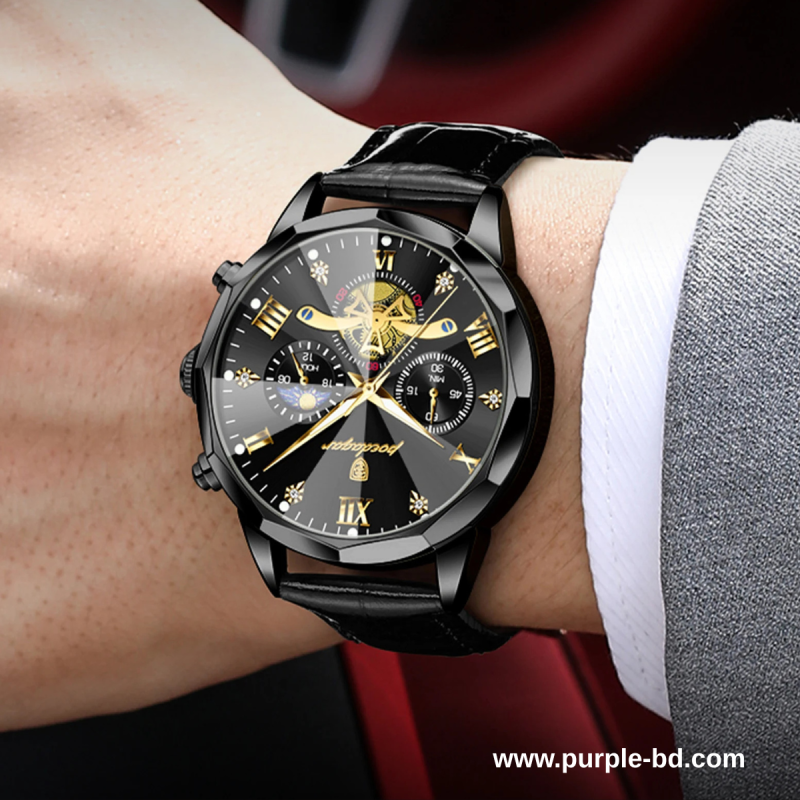 Poedagar-938 dark black chronograph watch