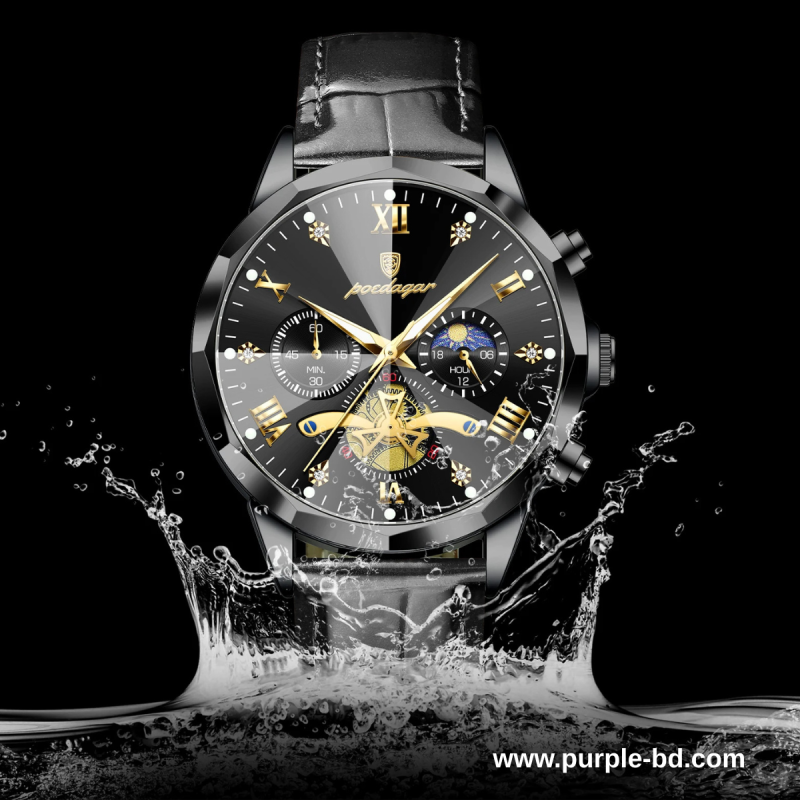 Poedagar-938 dark black chronograph watch