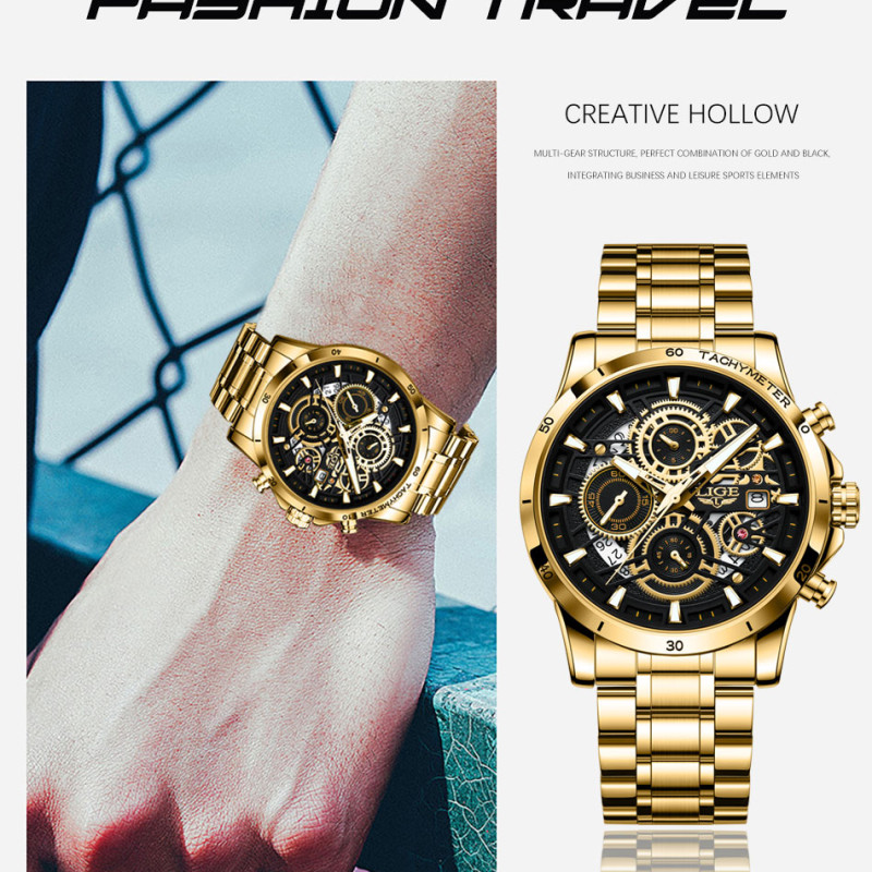 lige golden chronograph waterproof watch for men's fashion