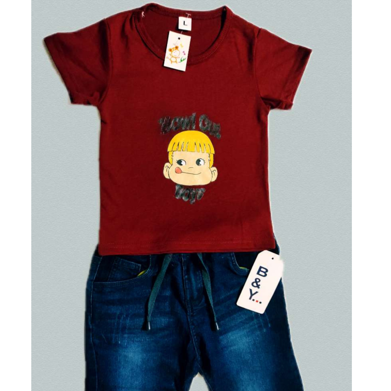 dark merun tshirt with jeans for kids