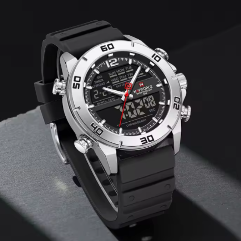 Naviforce-9253 black and silver sports watch