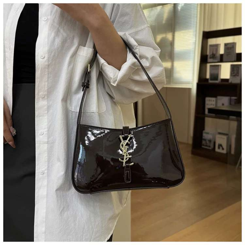 glossy black leather bag for ladies