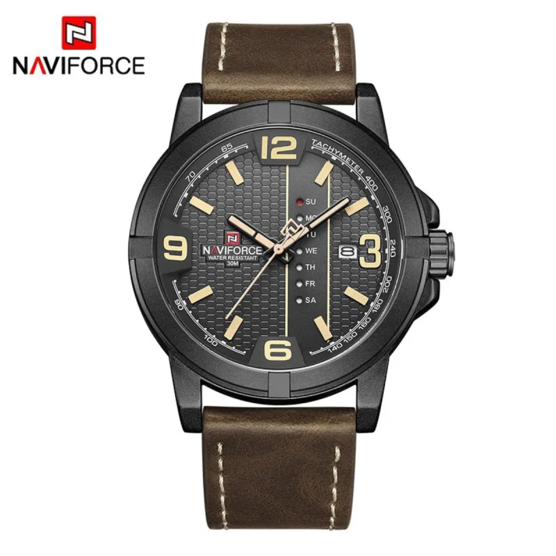 naviforce 9177 leather belt watch with full week display