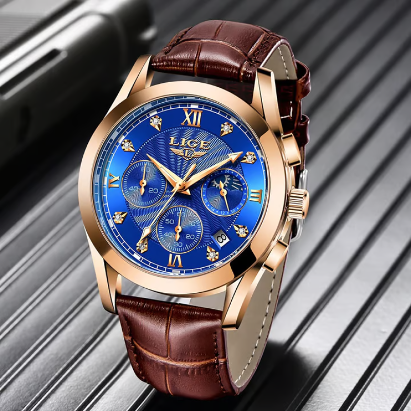 lige waterproof leather belt watch for men